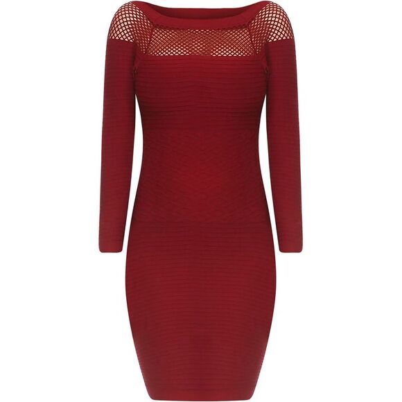 Wine Red Long Sleeve Netted Neckline Dress - Picture 1 of 8